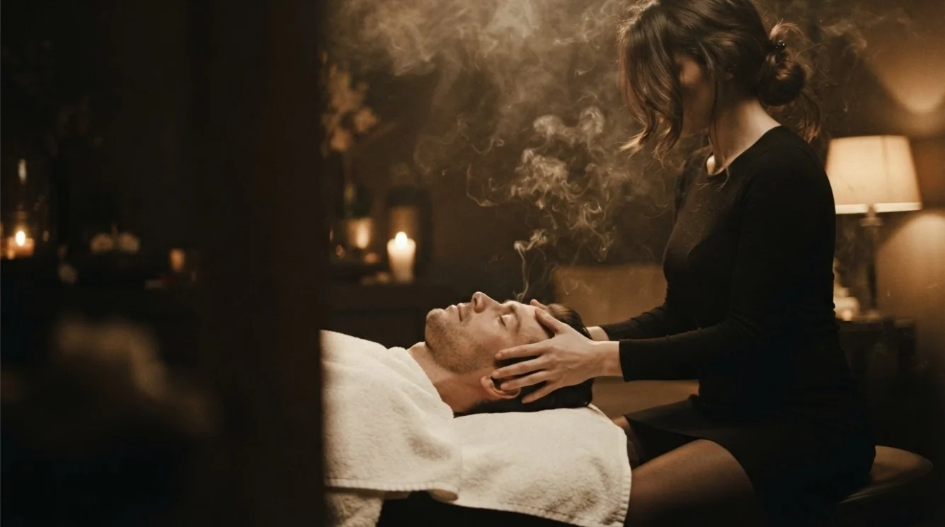 Illustrative candlelit massage setting with folded towels