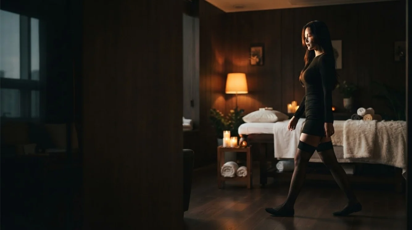 Illustrative hands-on massage in a softly lit private room
