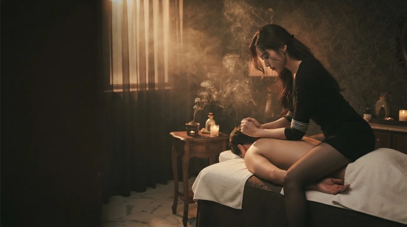 Illustrative hands-on massage in a softly lit private room