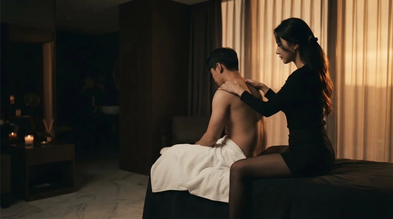 Illustrative hands-on massage in a softly lit private room