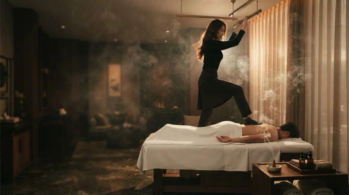 Illustrative therapist beside a prepared table in a private hotel room