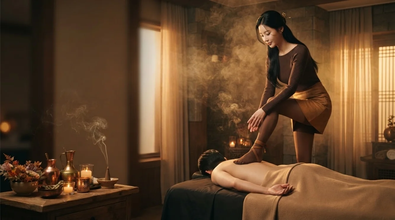 Illustrative seated therapist beside a softly lit massage table