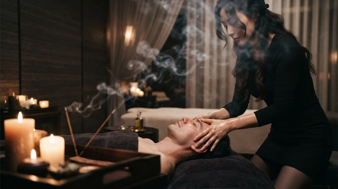 Illustrative hands-on massage in a softly lit private room