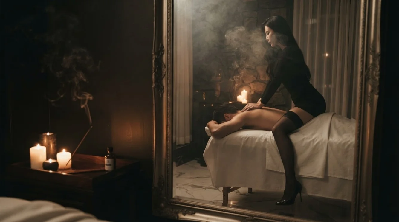 Illustrative hands-on massage in a softly lit private room