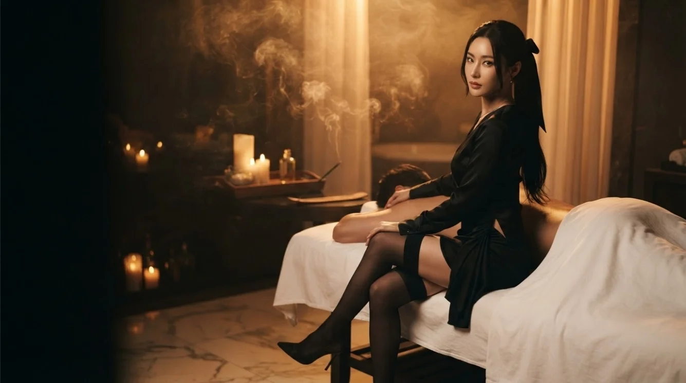 Illustrative hands-on massage in a softly lit private room