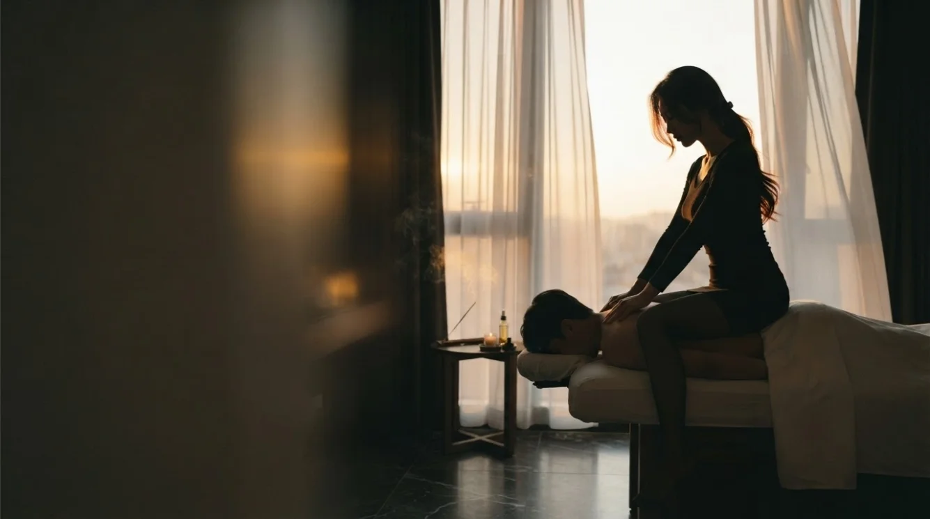 Illustrative hands-on massage in a softly lit private room