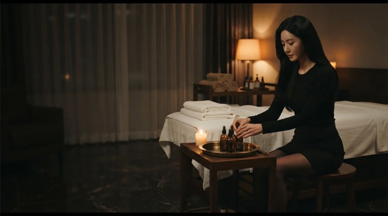 Illustrative hands-on massage in a softly lit private room