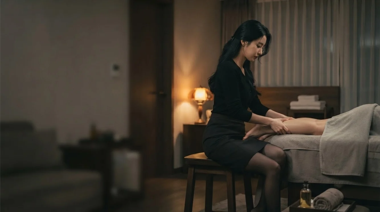 Illustrative hands-on massage in a softly lit private room