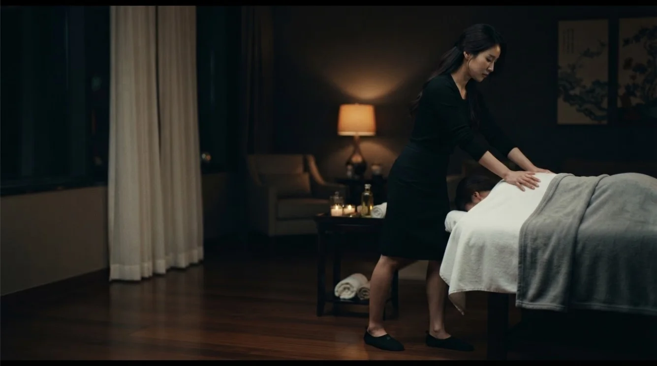 Illustrative hands-on massage in a softly lit private room