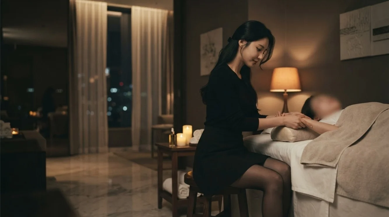 Illustrative hands-on massage in a softly lit private room