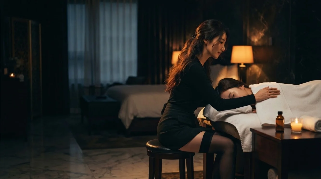 Illustrative hands-on massage in a softly lit private room