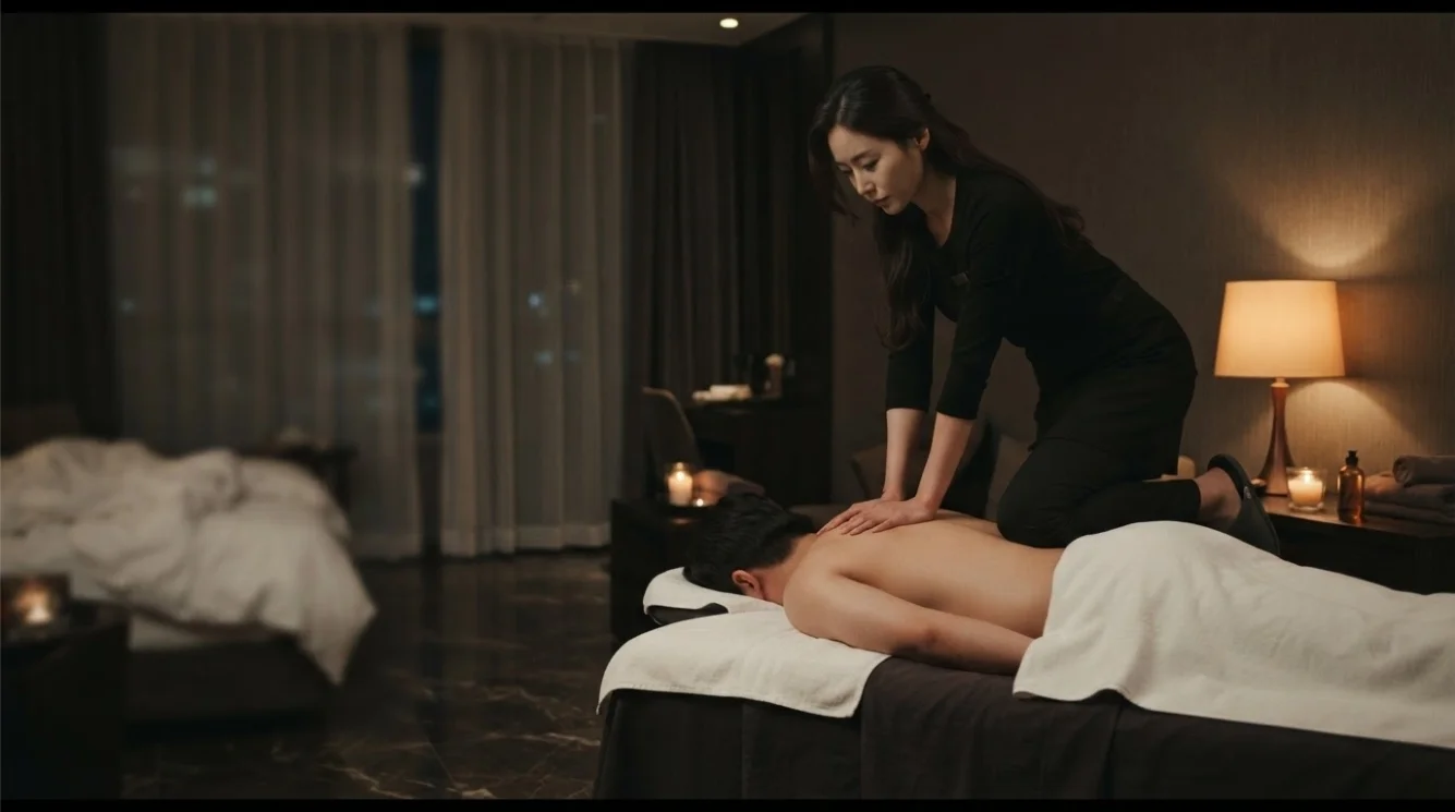 Illustrative hands-on massage in a softly lit private room