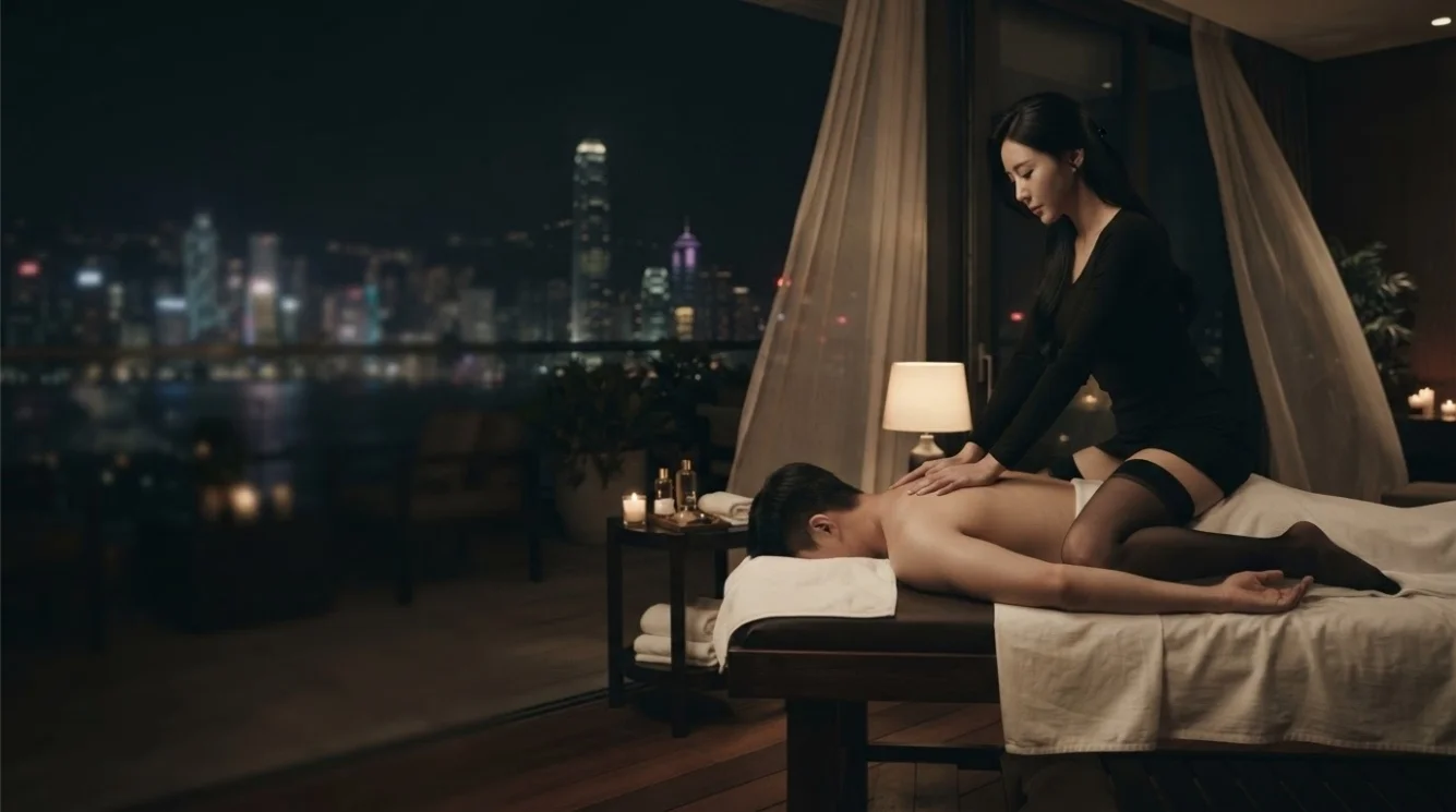 Illustrative hands-on massage in a softly lit private room
