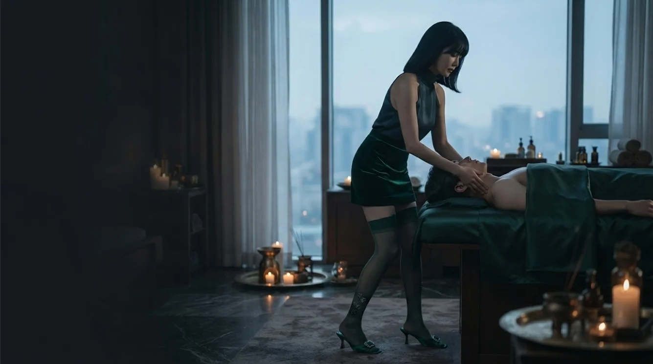 Illustrative hands-on massage in a softly lit private room