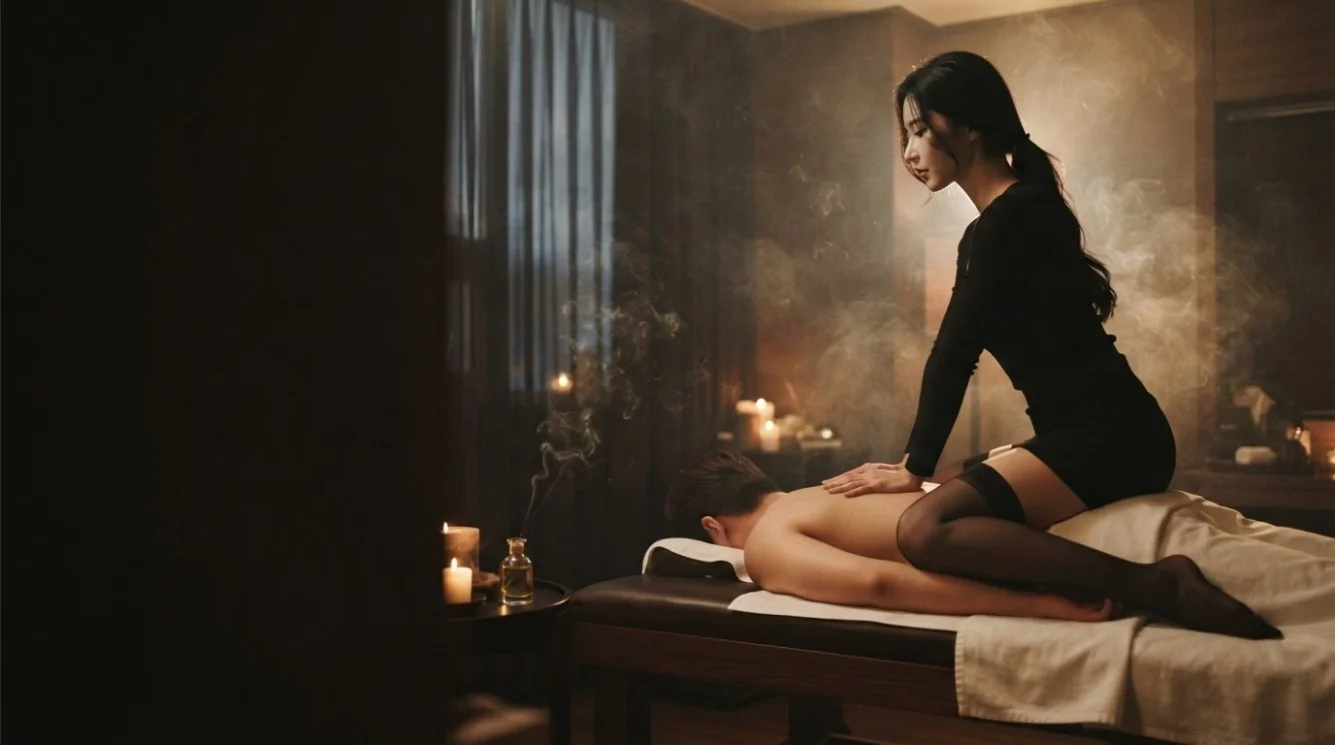 Illustrative hands-on massage in a softly lit private room