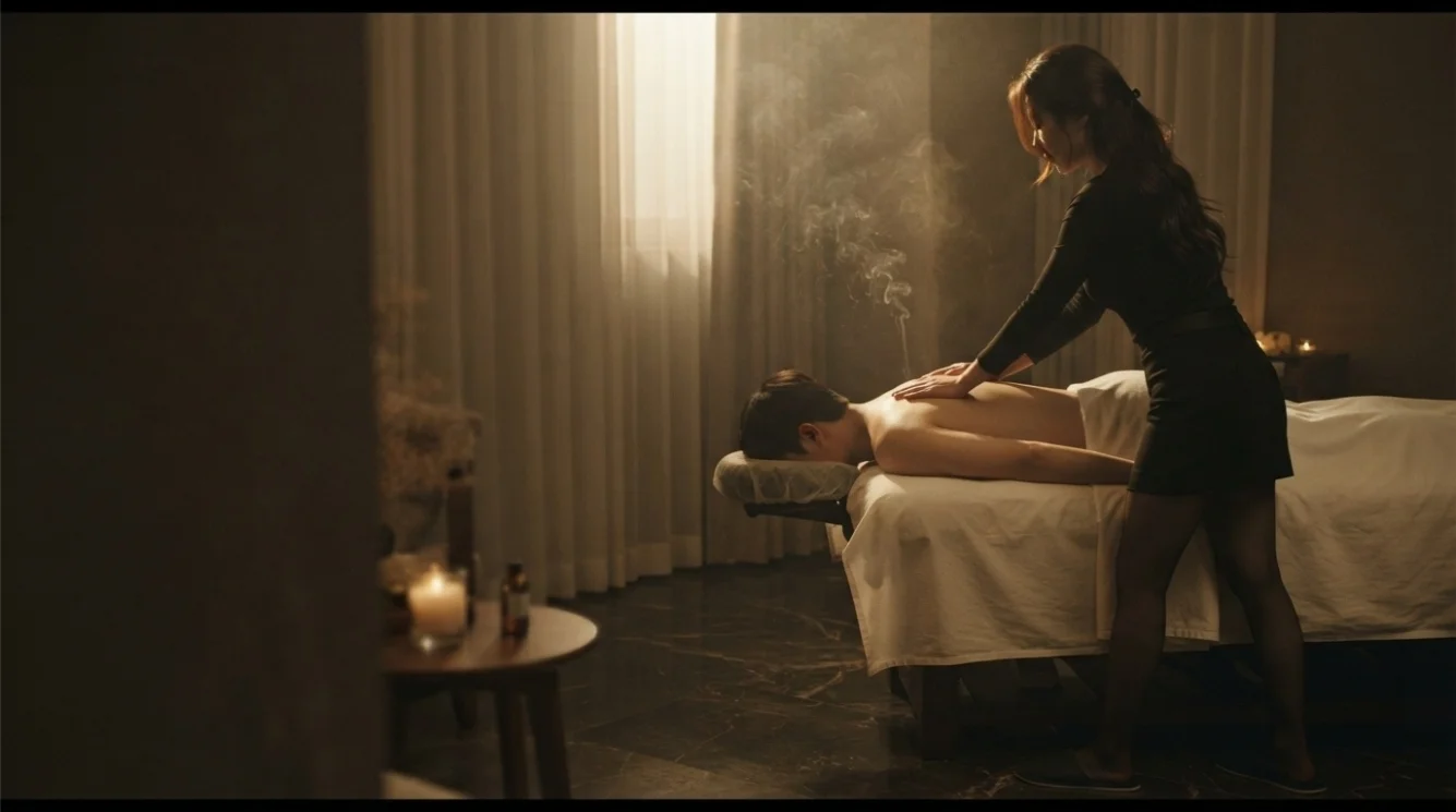 Illustrative hands-on massage in a softly lit private room