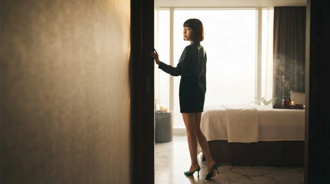 Illustrative therapist beside a prepared table in a private hotel room