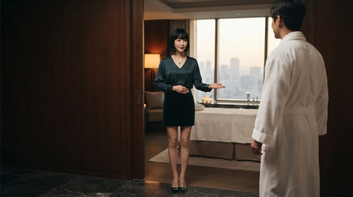 Illustrative therapist arriving at a guest-room doorway