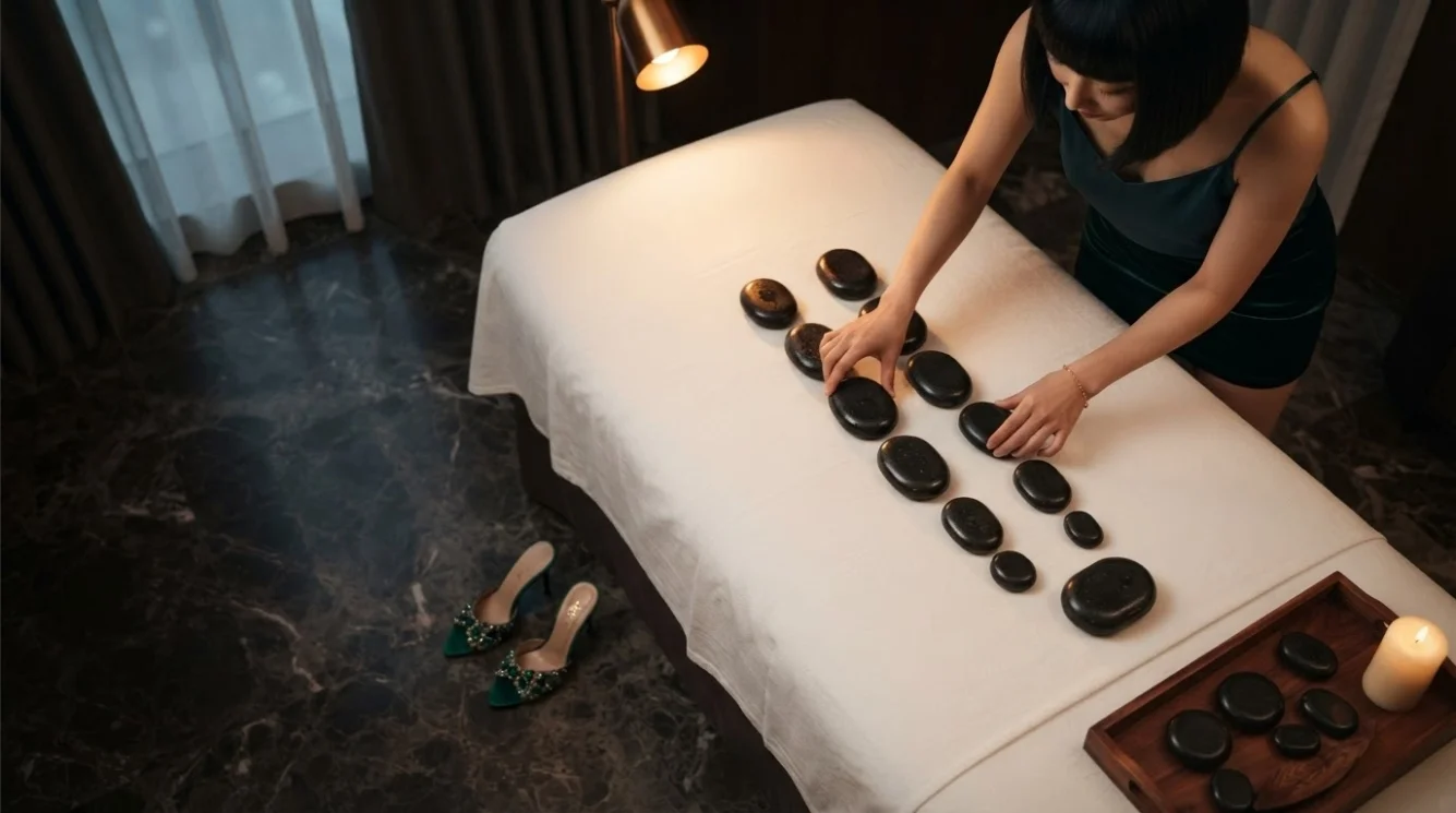Illustrative massage preparation with oils, towels or room supplies