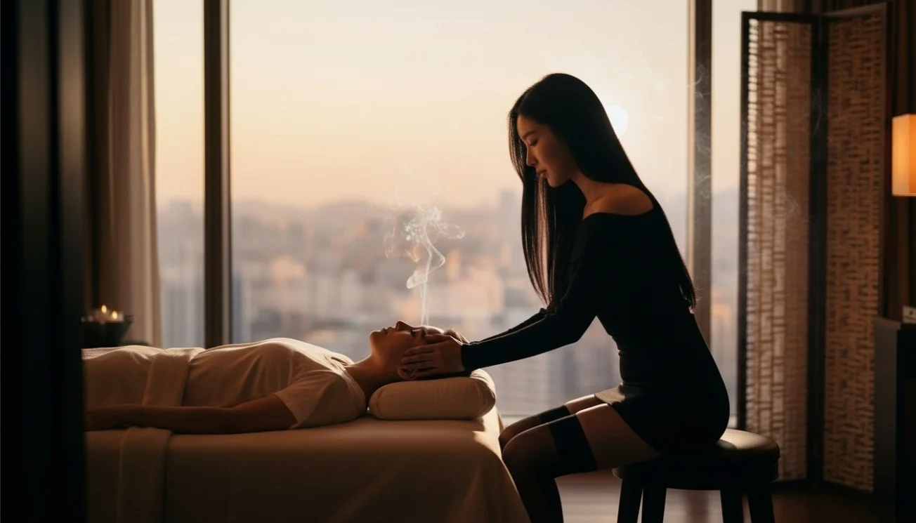 Illustrative hands-on massage in a softly lit private room