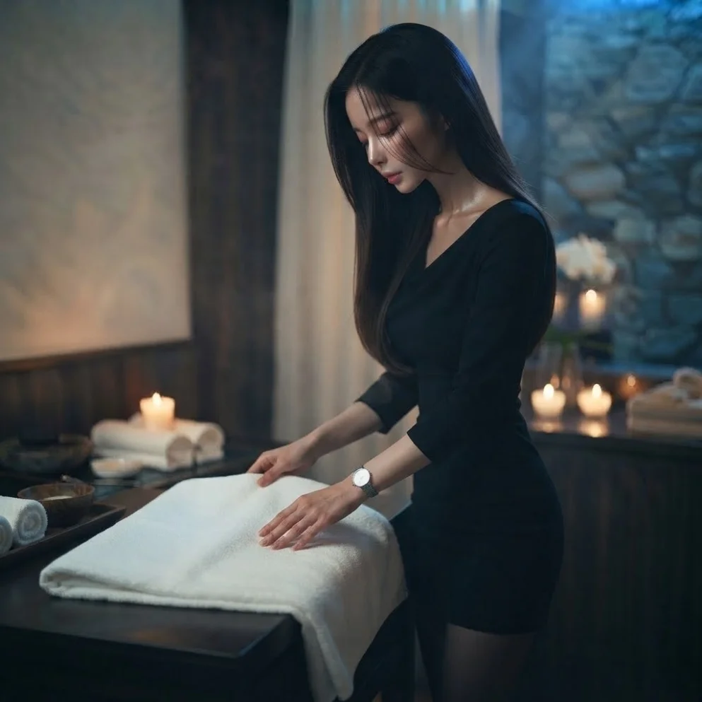 Illustrative massage preparation with oils, towels or room supplies