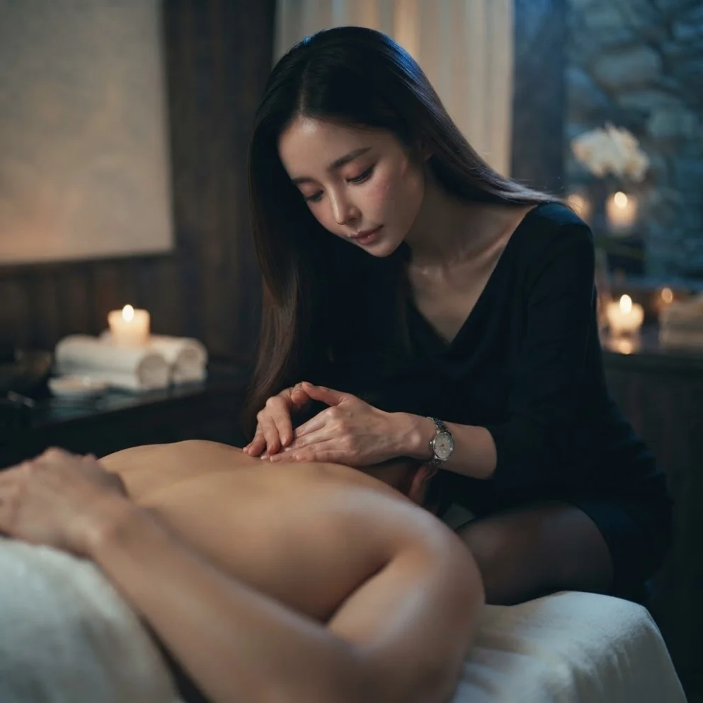 Illustrative hands-on massage in a softly lit private room