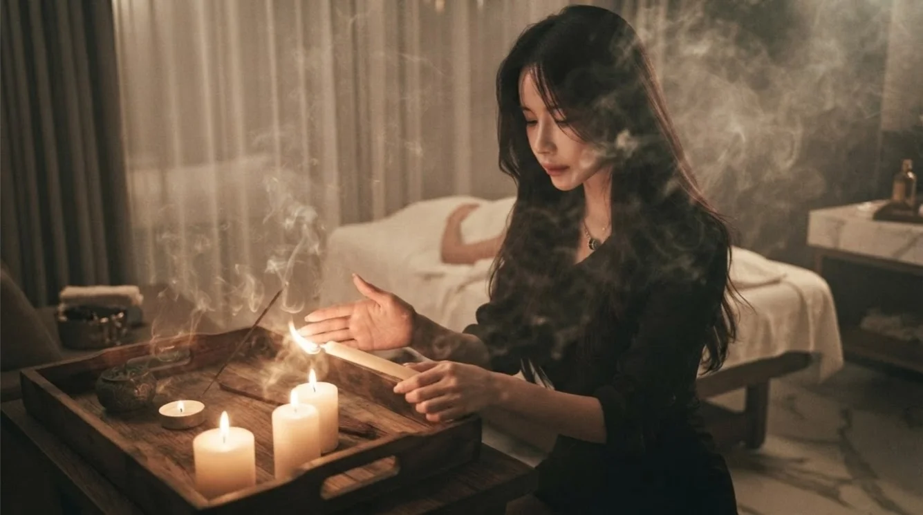 Illustrative hands-on massage in a softly lit private room