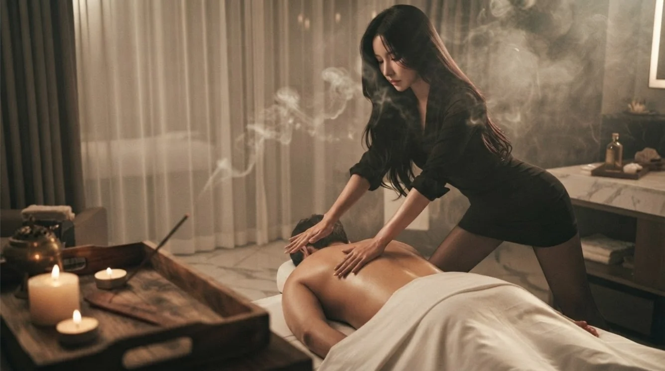 Illustrative hands-on massage in a softly lit private room