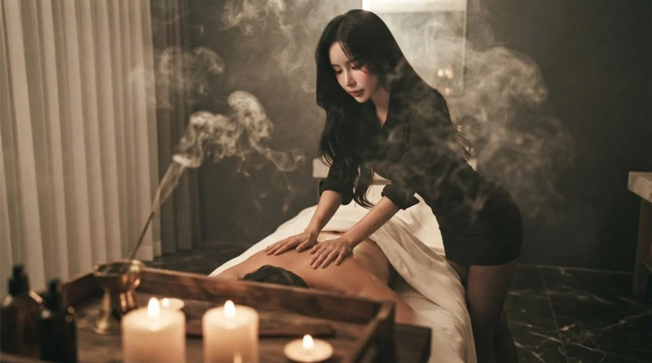 Illustrative hands-on massage in a softly lit private room