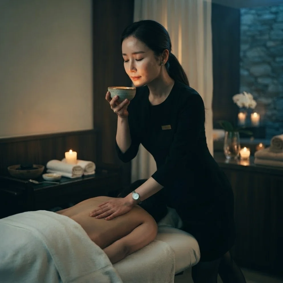 Illustrative hands-on massage in a softly lit private room