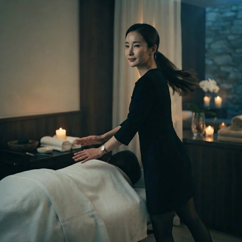 Illustrative hands-on massage in a softly lit private room