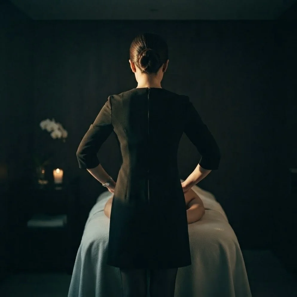Illustrative therapist beside a prepared table in a private hotel room