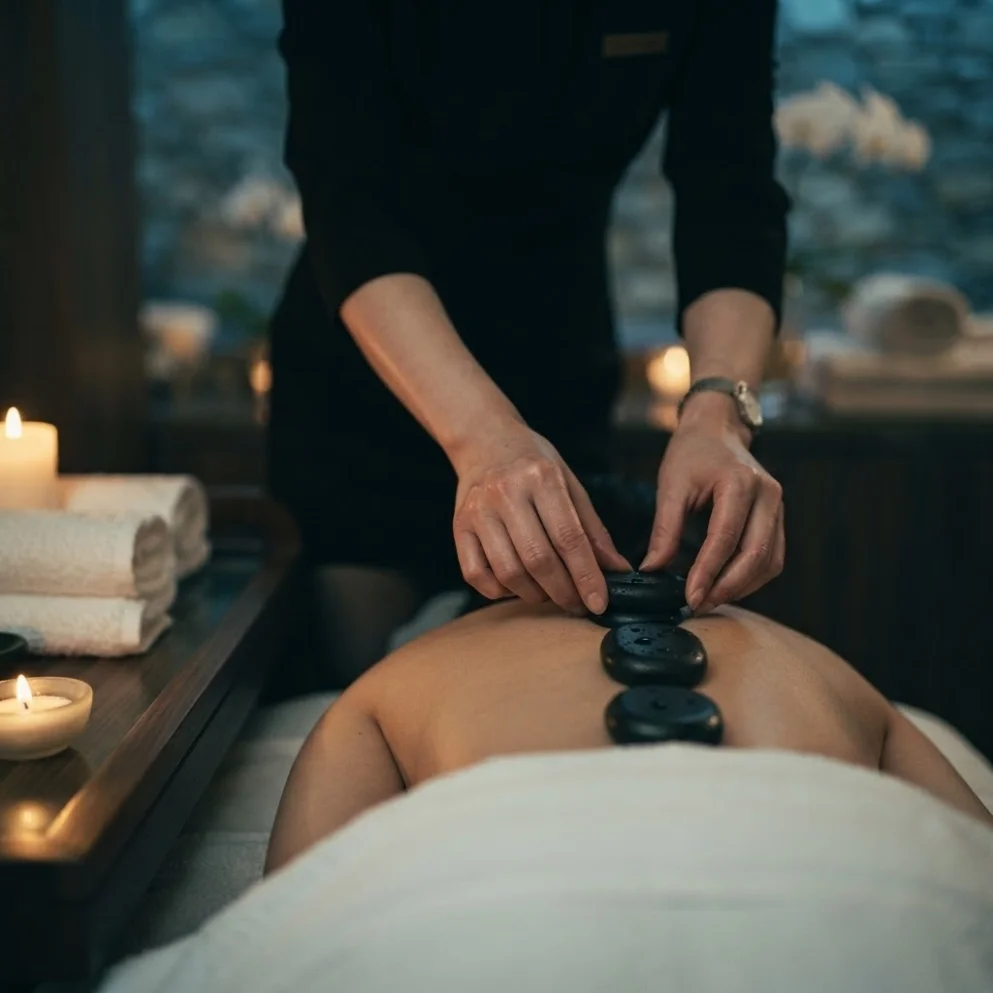 Illustrative therapist beside a prepared table in a private hotel room