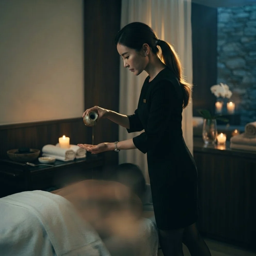Illustrative close view of hands working along a guest’s back