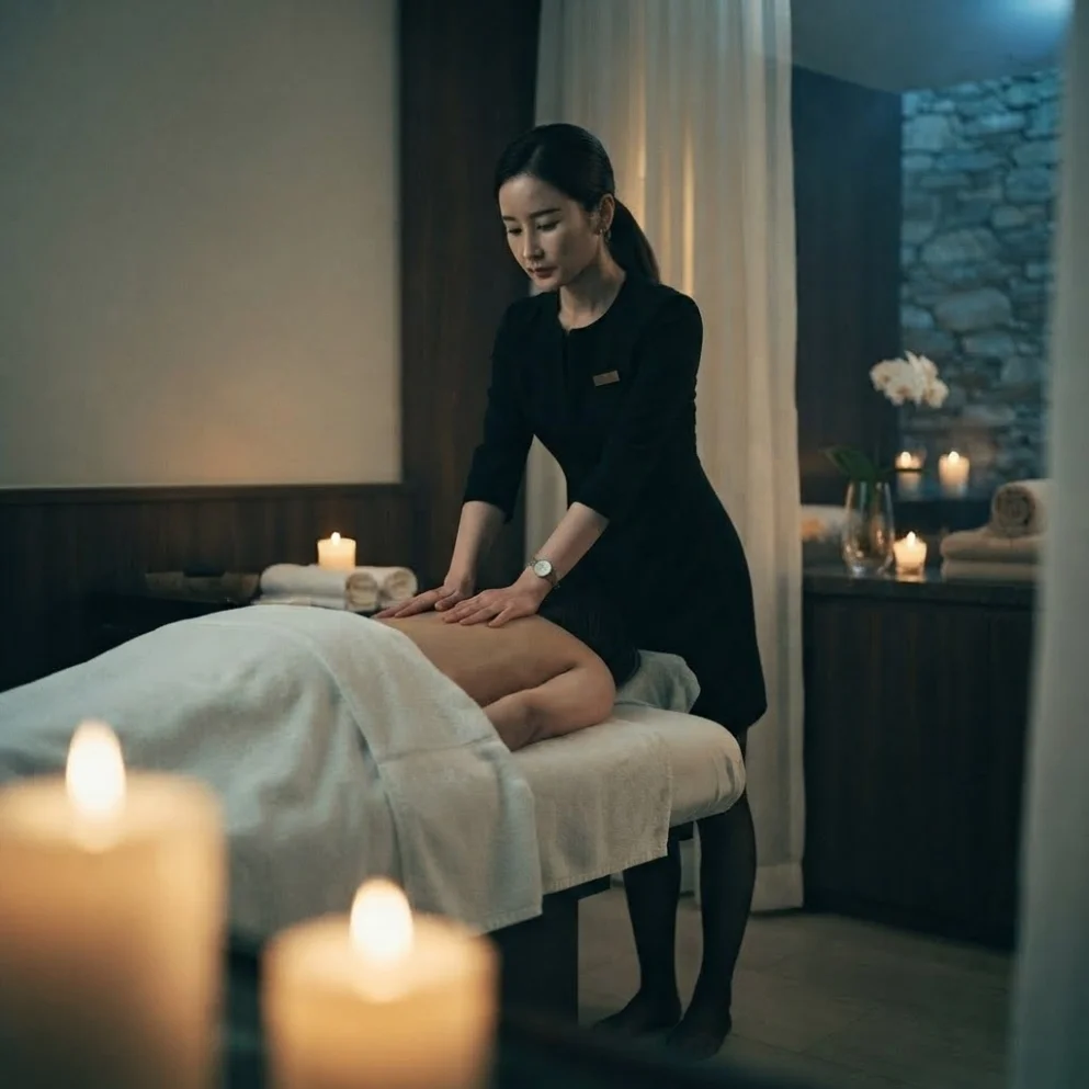 Illustrative hands-on massage in a softly lit private room