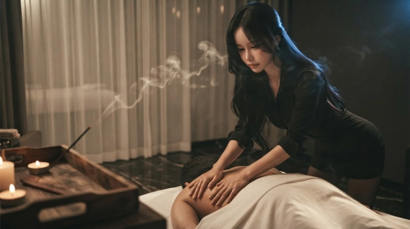 Illustrative hands-on massage in a softly lit private room