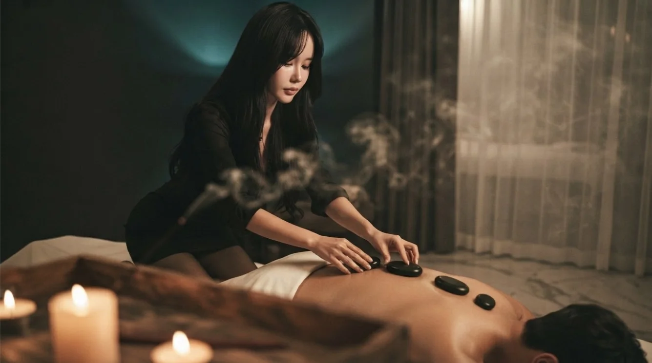 Illustrative hands-on massage in a softly lit private room