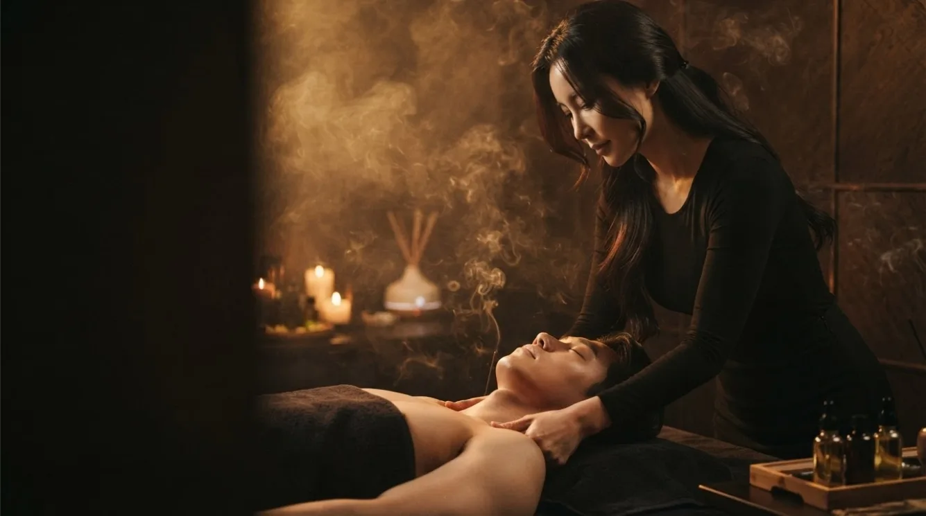 Illustrative hotel massage scene